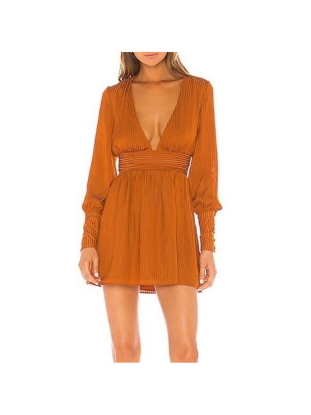 NBD Plunging V-Neck Pleated Mini Dress in Rust Orange